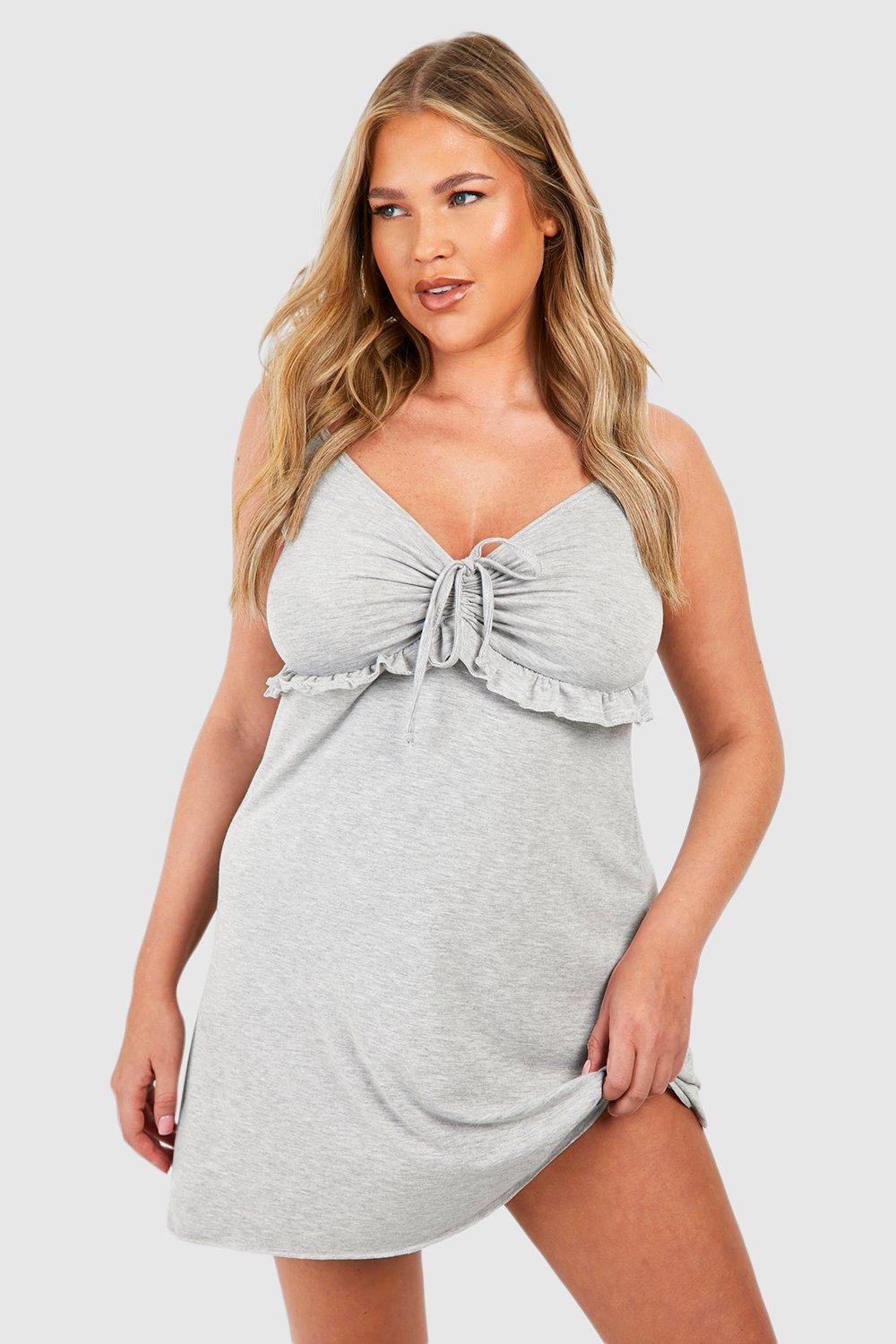 Womens Plus Ruched Front Frill Detail Nightie - Grey - 16, Grey